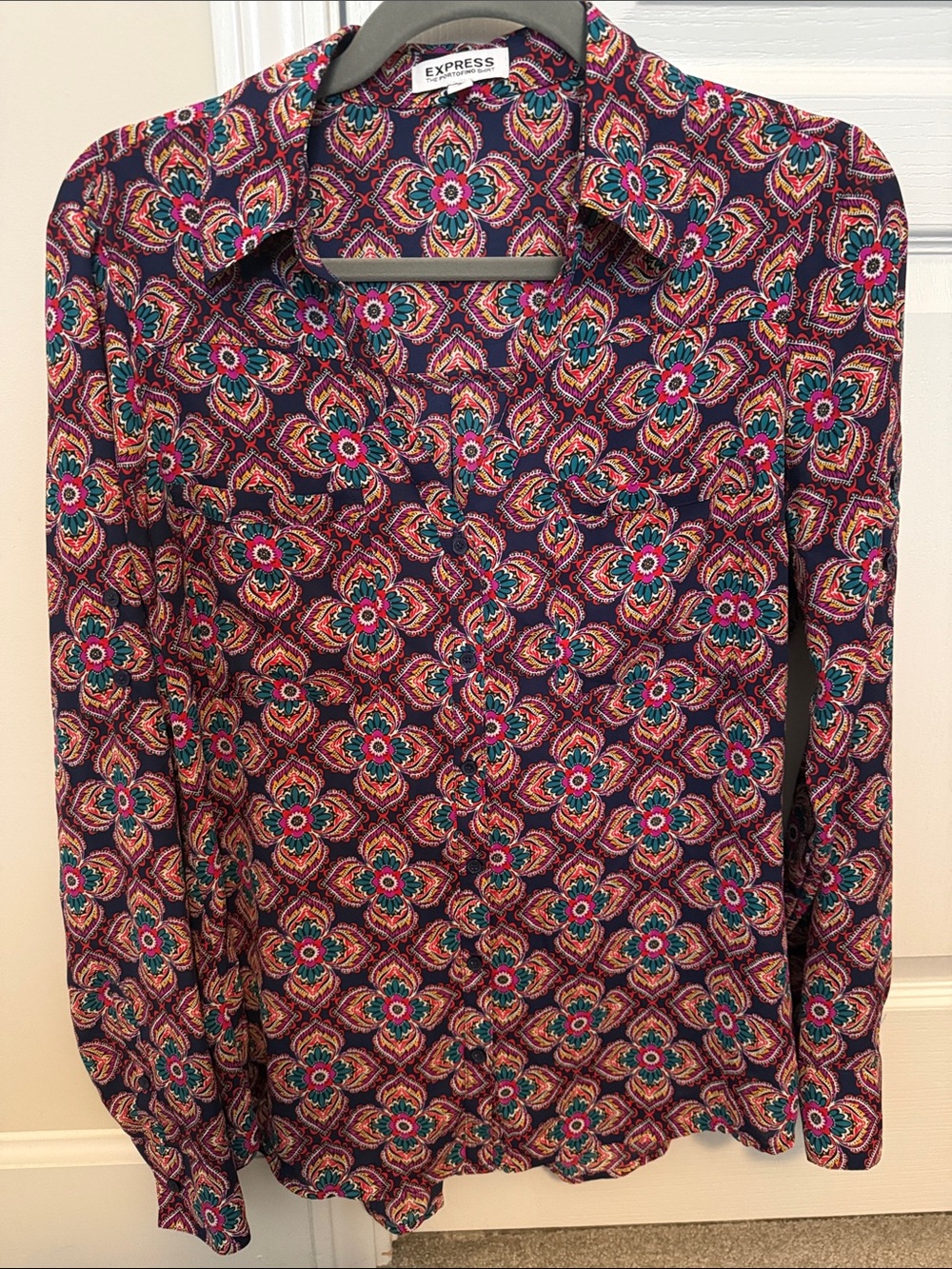 Express Purple Floral-Pattern Button Down Shirt